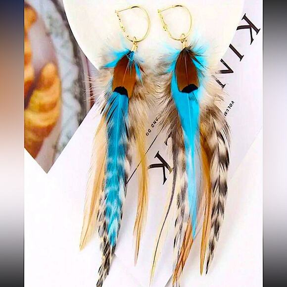 Bohemian Handmade aFeather Dangle Earrings, Turquoise brown , Western, Boho,… - Picture 1 of 4